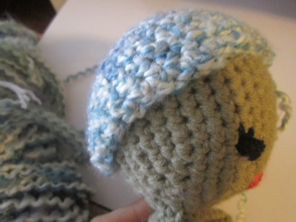 Make a wig cap using the same pattern for the head, but only go as far as you want the hair to cover the head. Make a wig cap using the same pattern for the head, but only go as far as you want the hair to cover the head.