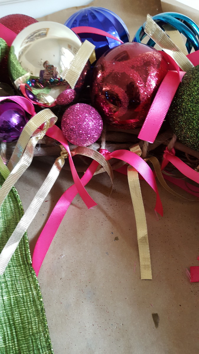 Tying your ribbon fringe to your ornament wreath