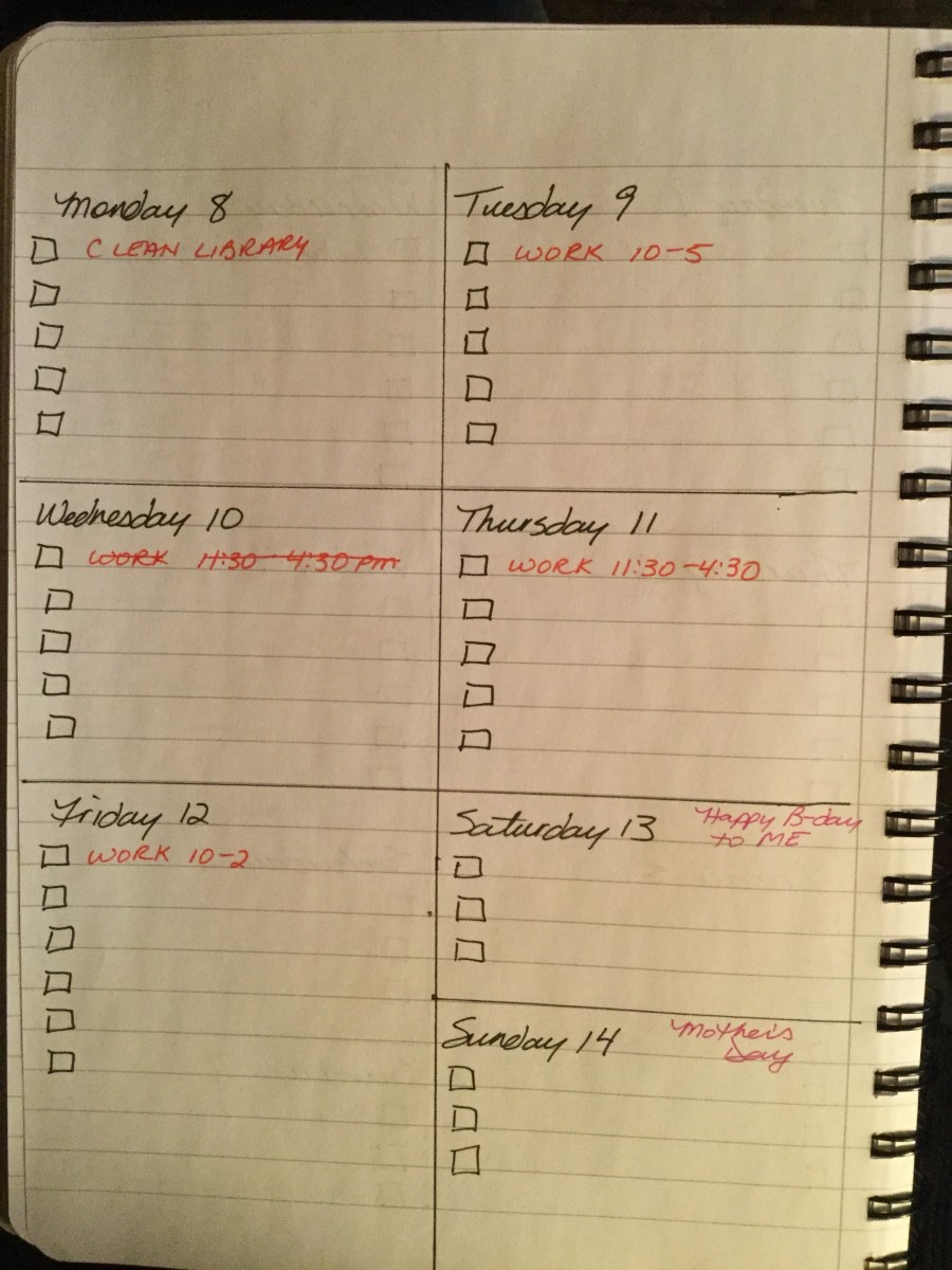 Week at a glance—this photo shows my work schedule plus the other important days that week.