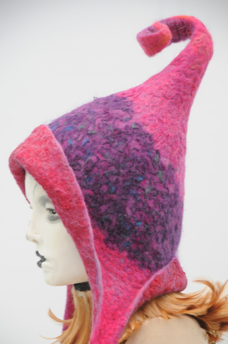 Wet Felted Pixie Hat with Mohair Embellishment.