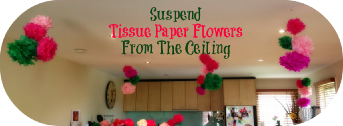 Tissue paper flowers suspended from the ceiling