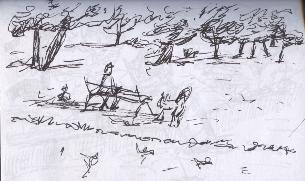 Relaxing on one of the many park benches is the subject of this sketch.