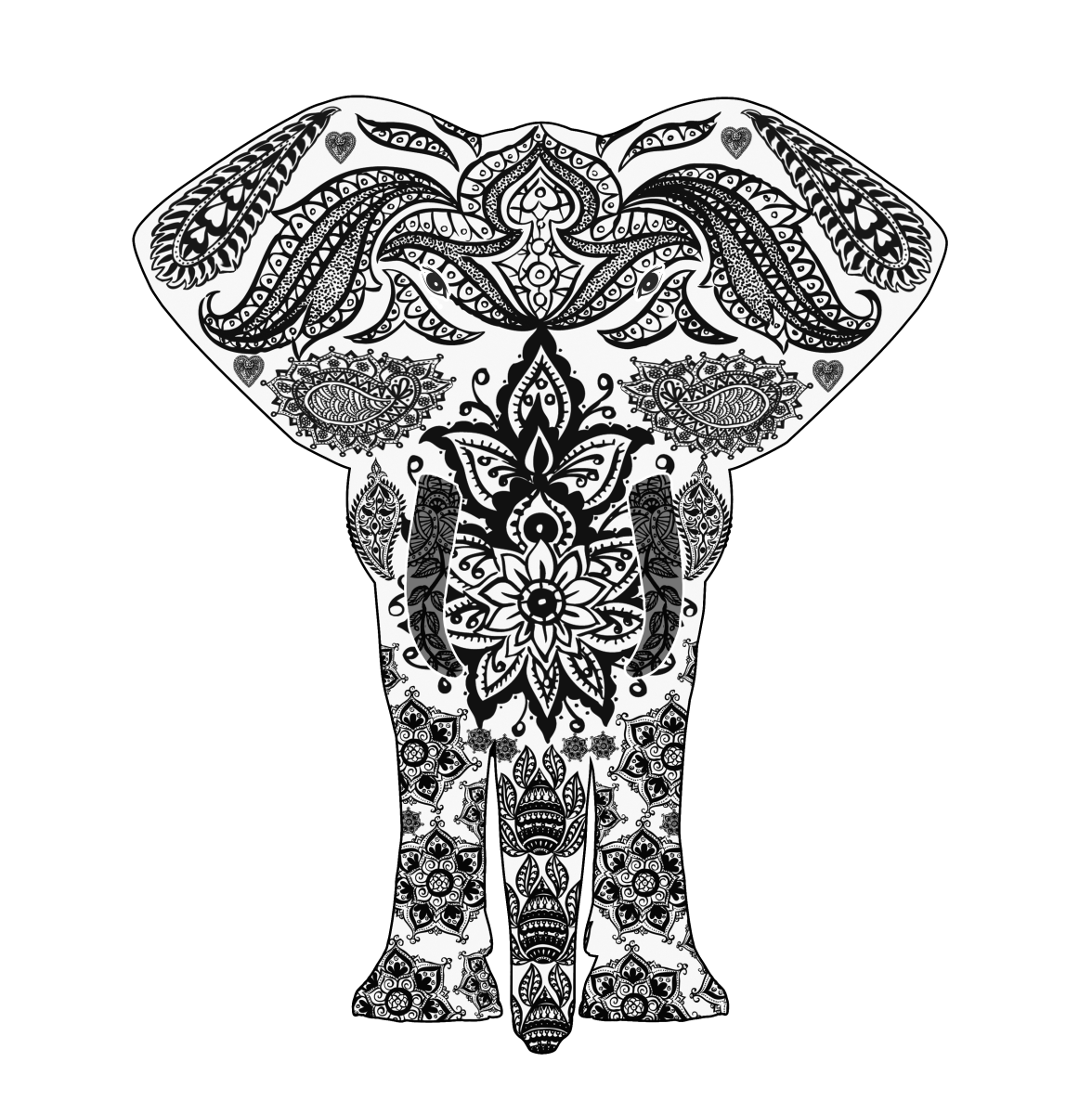 This elephant coloring page also features a floral mandala-inspired pattern.