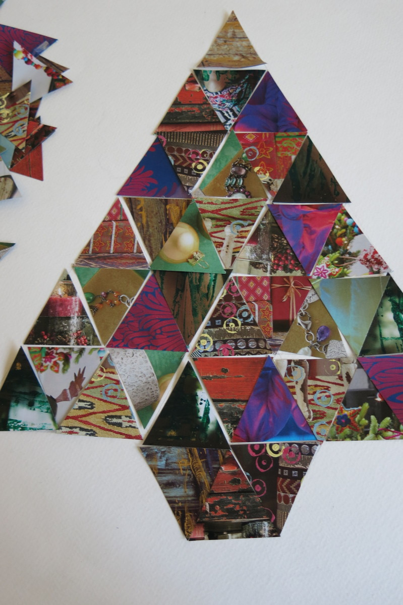 Magazine images laid out in a patchwork Christmas tree design