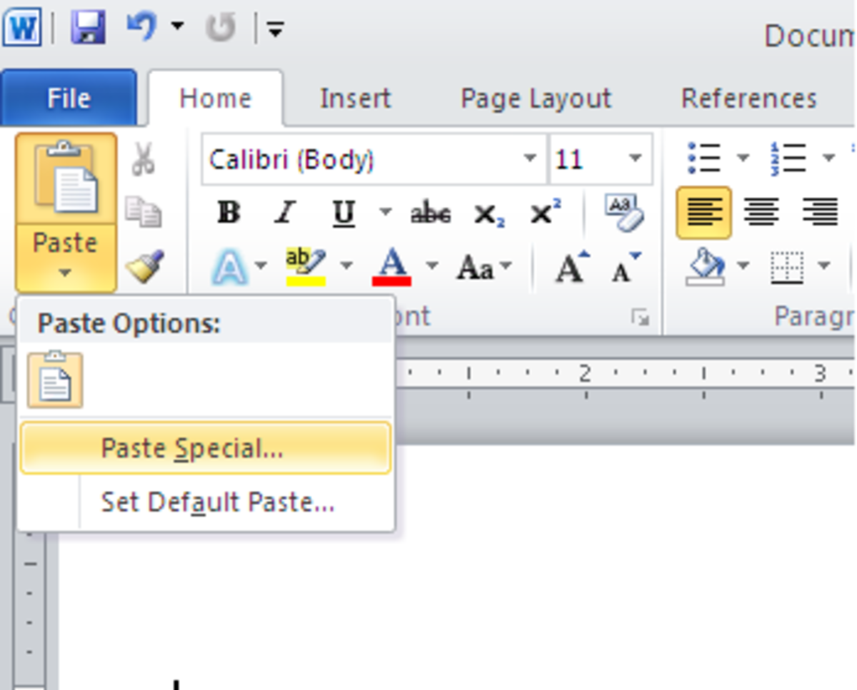 Accessing paste special from the home ribbon (shown here on Word 2010 for PC)