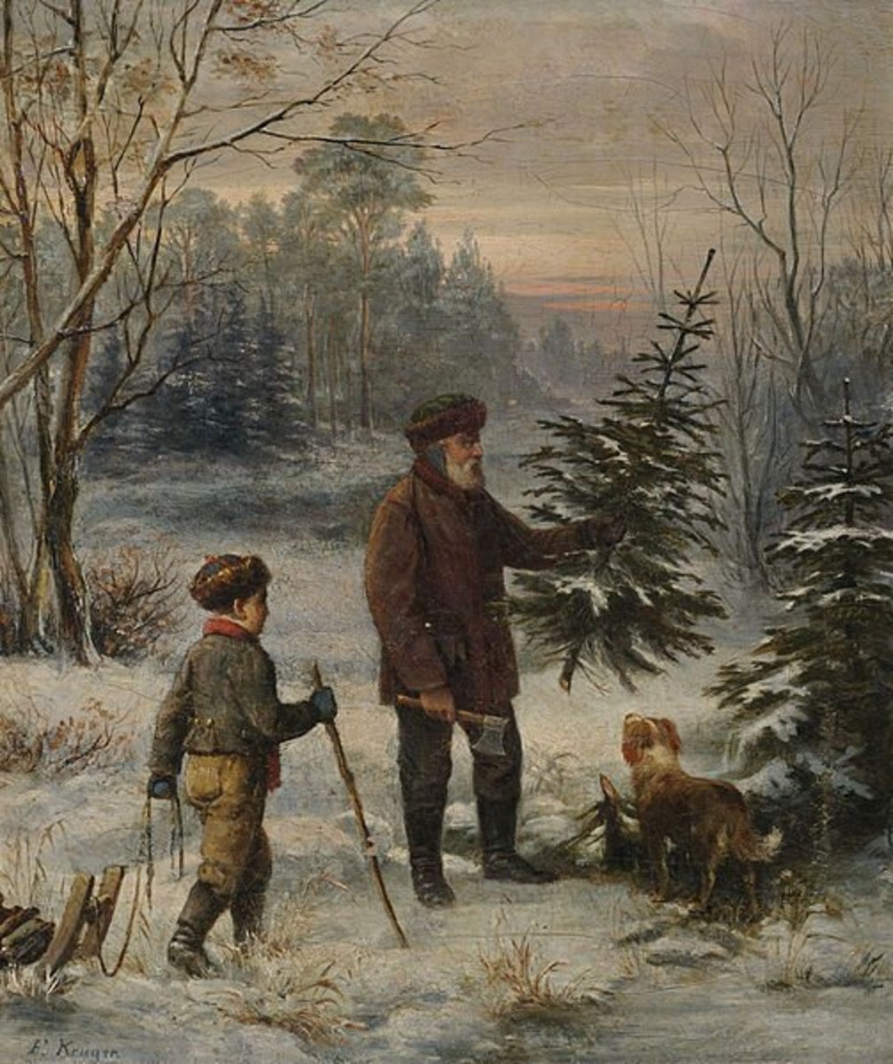 Vorweinacht: father and son venture out into the wintry woods to choose a Christmas tree. By F. Kruger. Courtesy of Wiki Commons.