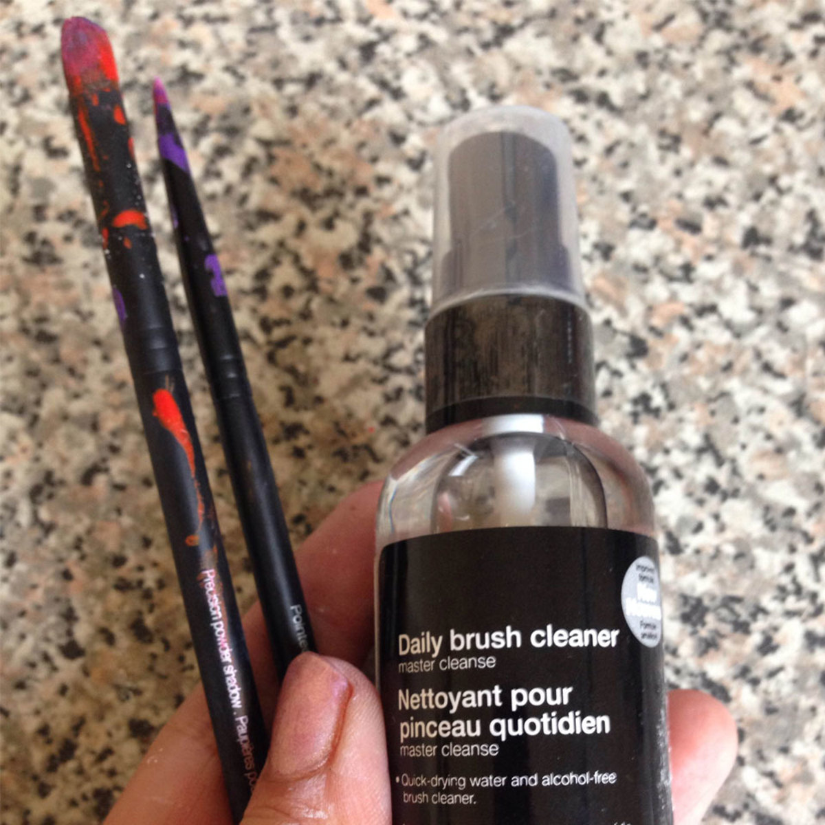 Clean your makeup brushes with brush cleaner.