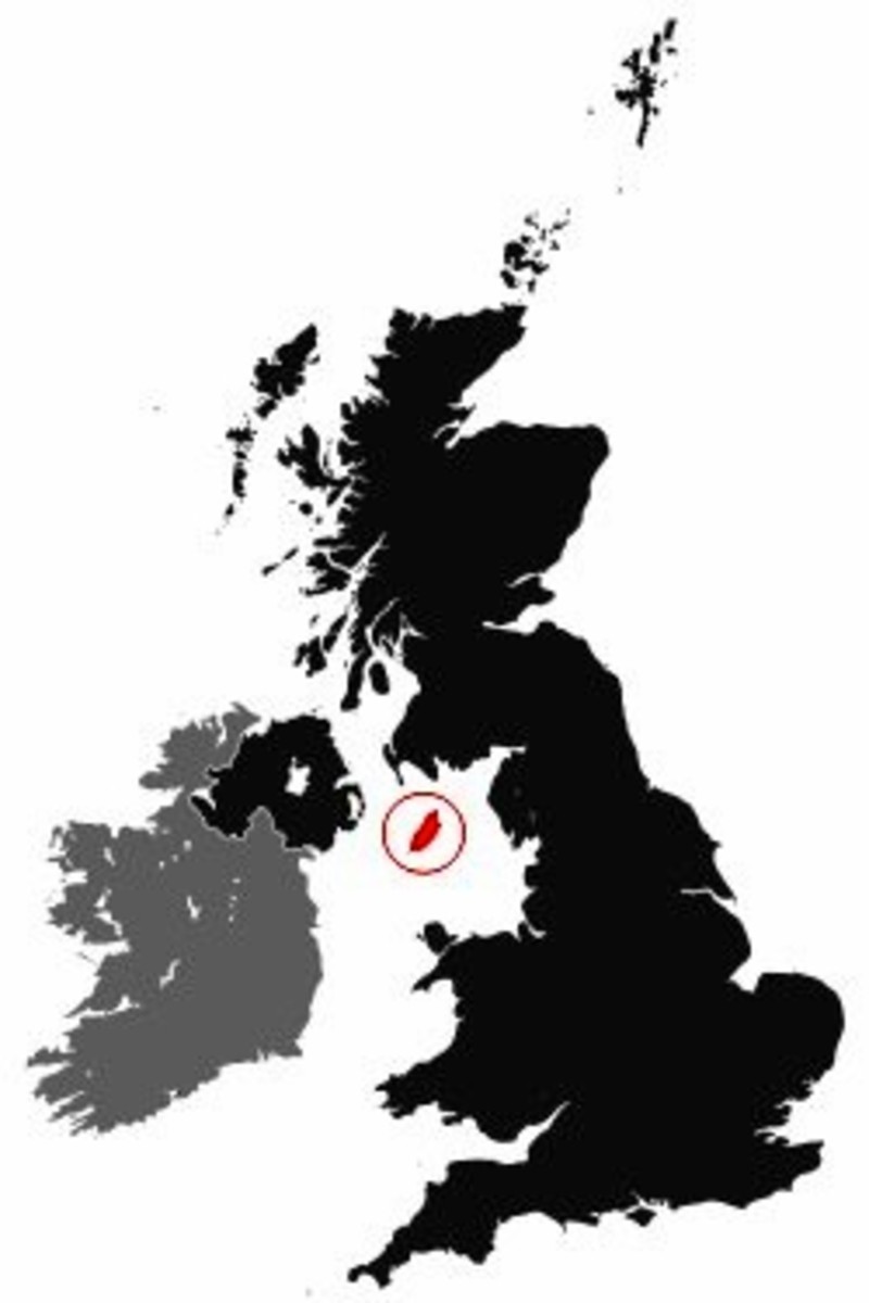 Map of the British Isles with the Isle of Man in red. 