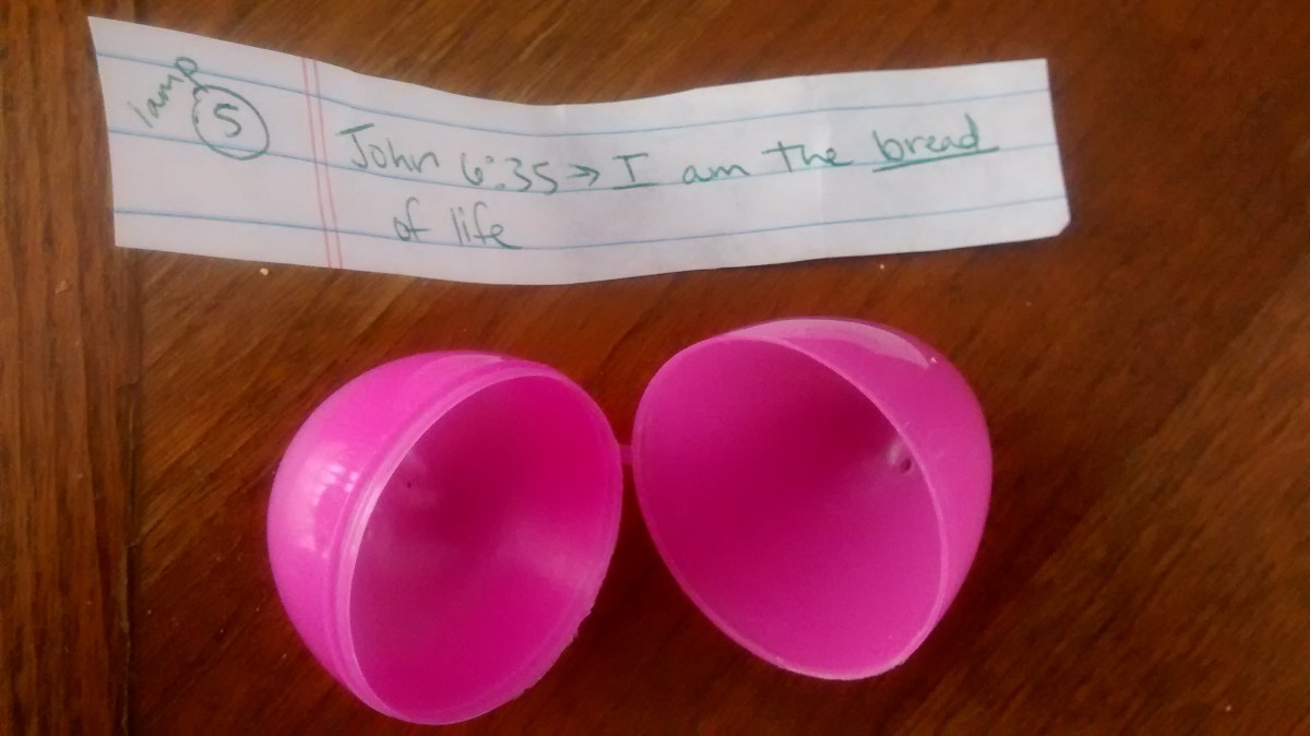 Put a scripture reference in each egg that is a clue for where to find the next egg on the hunt. You can put a little candy in there, too, if you want.
