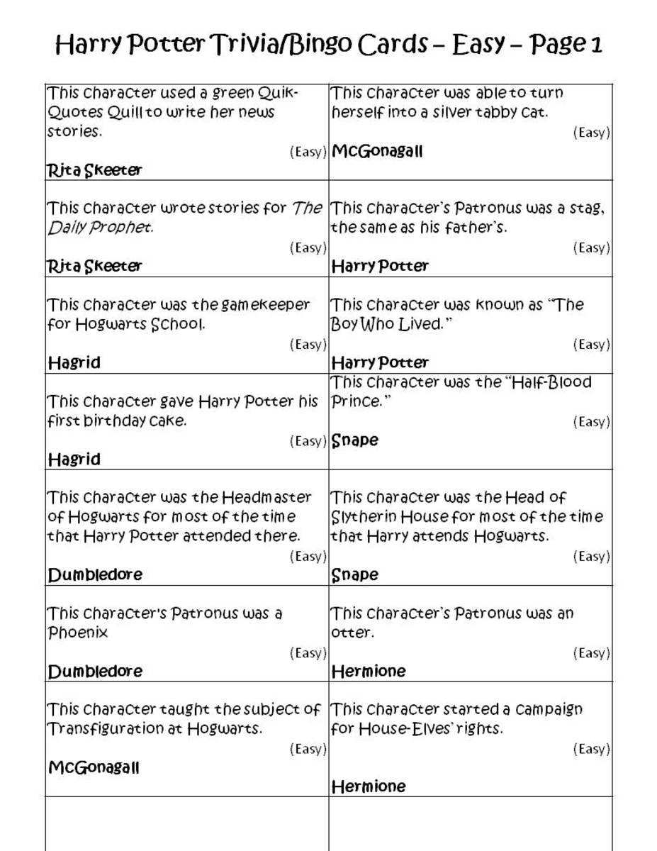 Harry Potter Trivia/Bingo Game Cards: Easy, p.1. See the link below to get a printable copy.