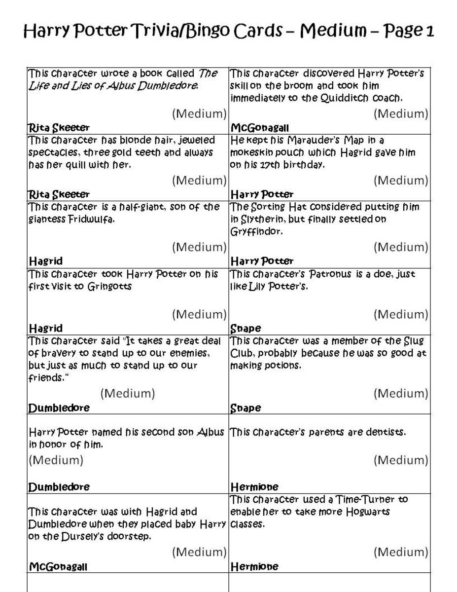 Harry Potter Trivia/Bingo Game Cards: Medium, p.1. See the link below to get a printable copy.