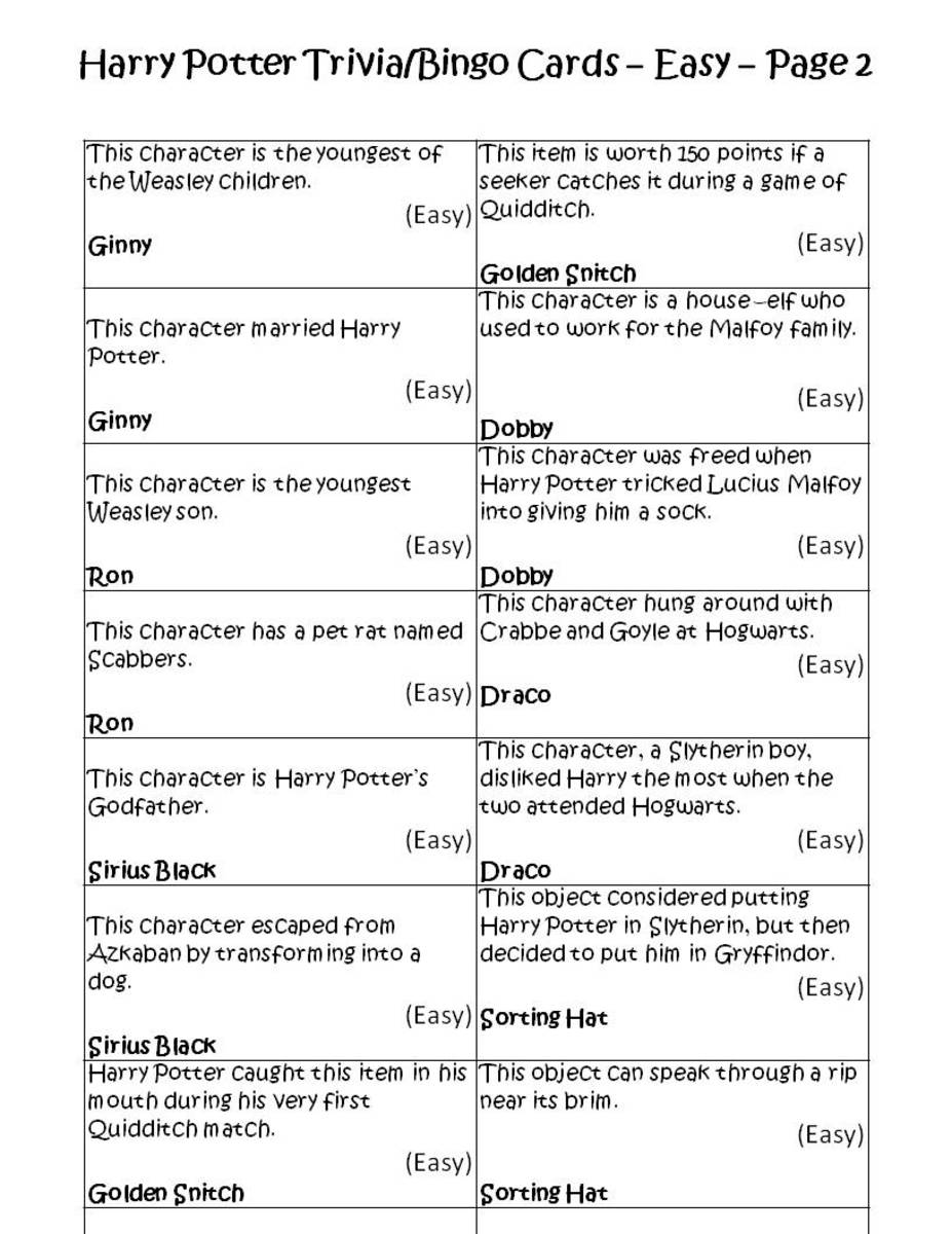 Harry Potter Trivia/Bingo Game Cards: Easy, p.2. See the link below to get a printable copy.