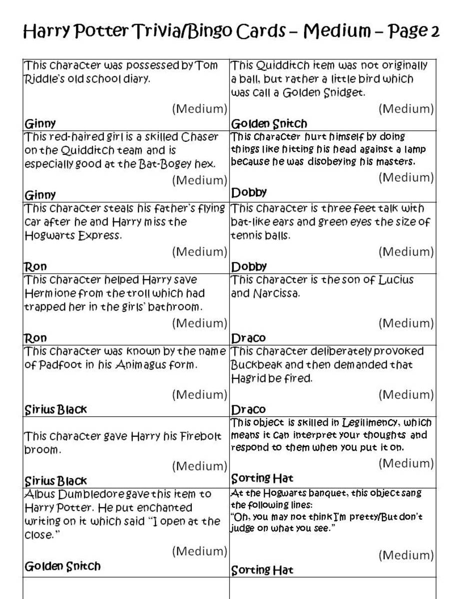 Harry Potter Trivia/Bingo Game Cards: Medium, p.2. See the link below to get a printable copy.