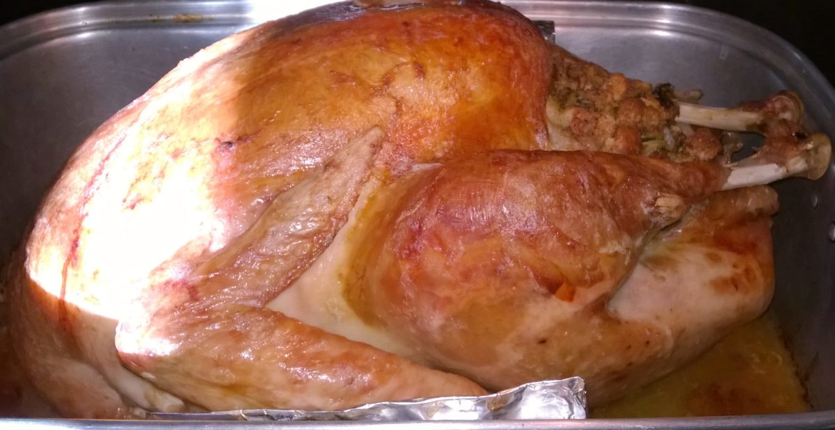 A Thanksgiving turkey that is brown on the outside but not done on the inside. The temperature was lowered and cook time was added by adding water to the pan and keeping the bird covered. The meal was delayed by about two hours. 