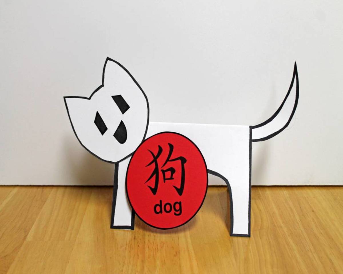 Assembled dog with Chinese character on red ball