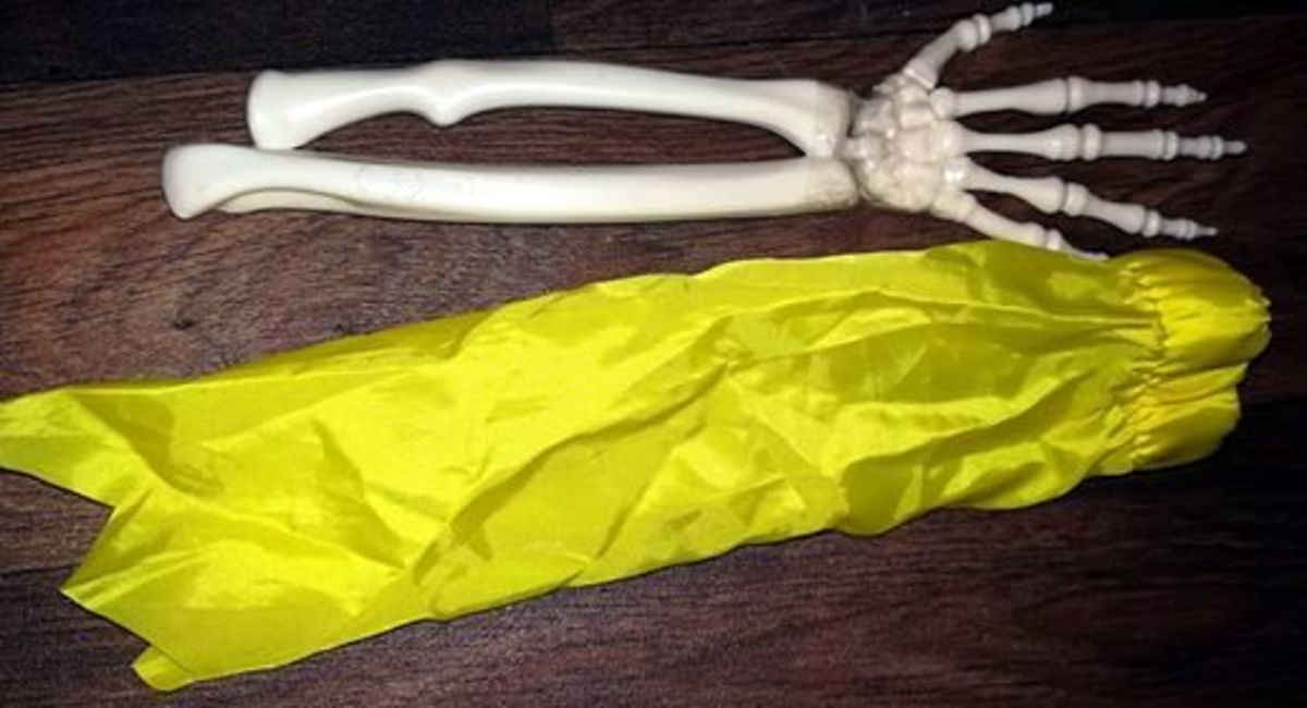 The skeleton arm and raincoat sleeve I used in my Georgie decoration before adding "blood"