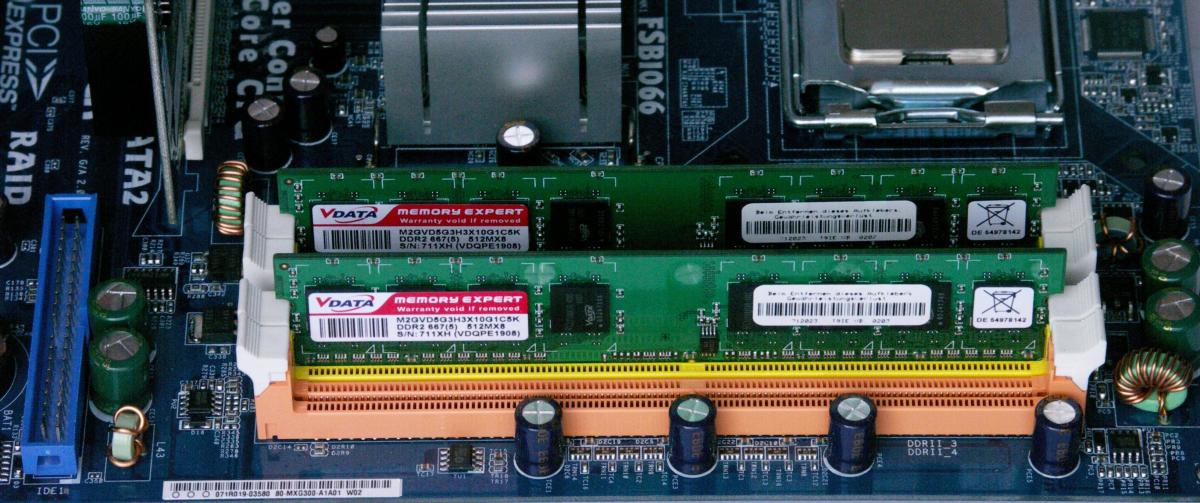 PC RAM chips affixed to a motherboard.