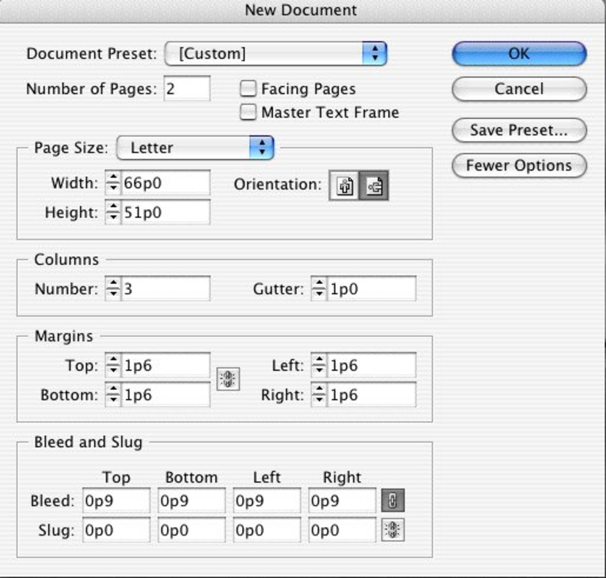 Document settings for a Tri-Fold Brochure in Adobe InDesign.