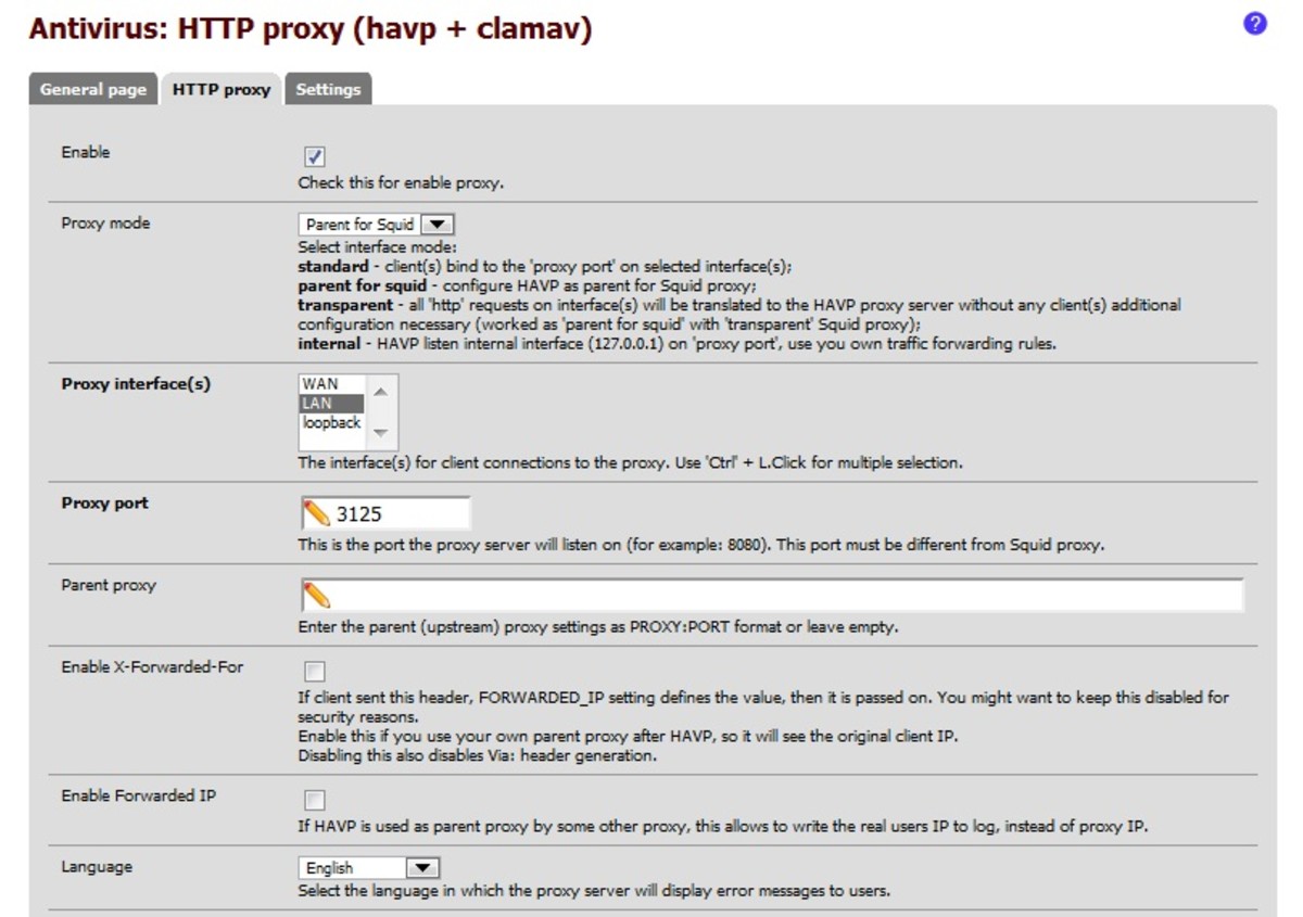 在“服务”菜单的“防病毒”页面可以找到HAVP配置界面。