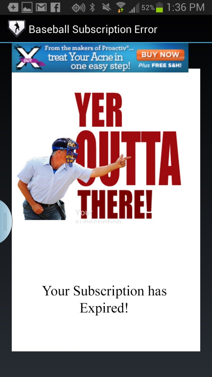 An incorrect login to the decoy Baseball app produces a message about an expired subscription.