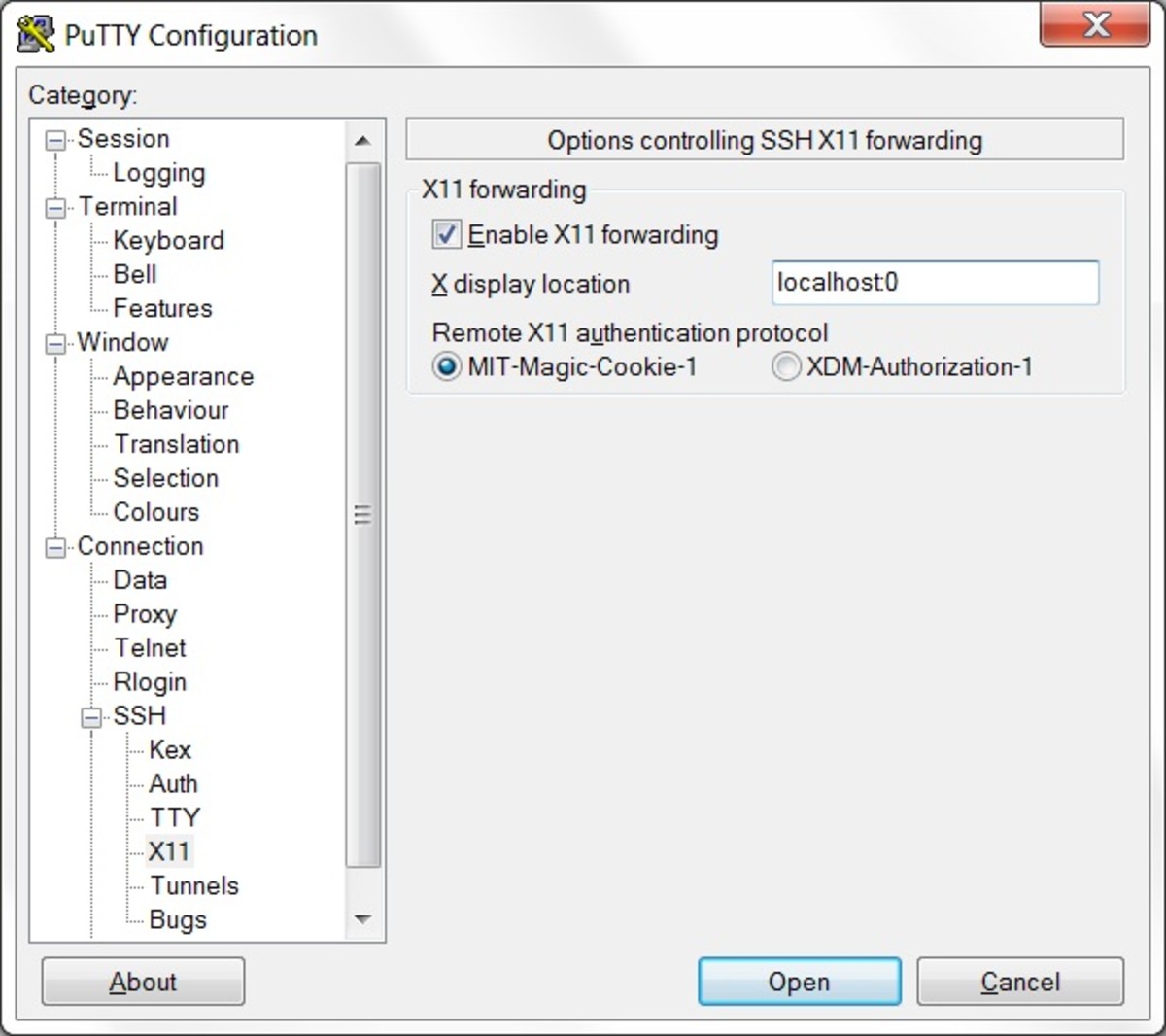 X11 forwarding must be enabled in the Putty settings.