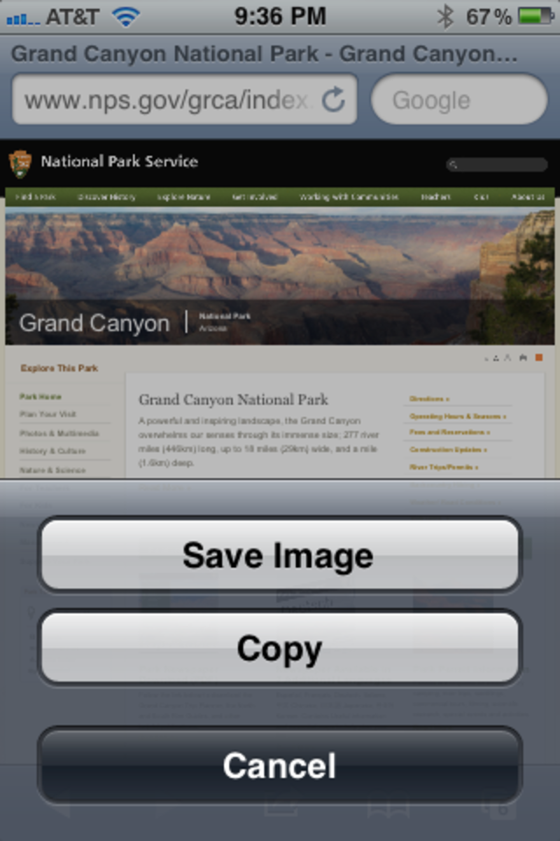 Screen shot of the National Park Service Grand Canyon website opened in Safari Browser and after touching the panoramic picture.