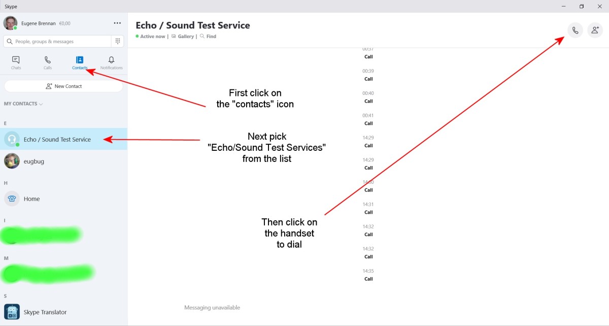 Making a test call to the Sound Test Service in Skype.
