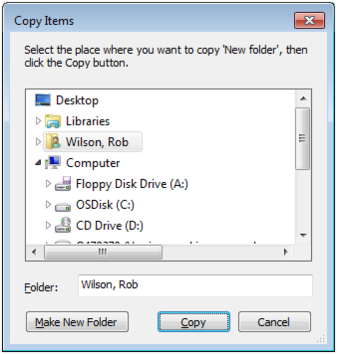 Choosing folder location when restoring an entire folder from a Previous Version.