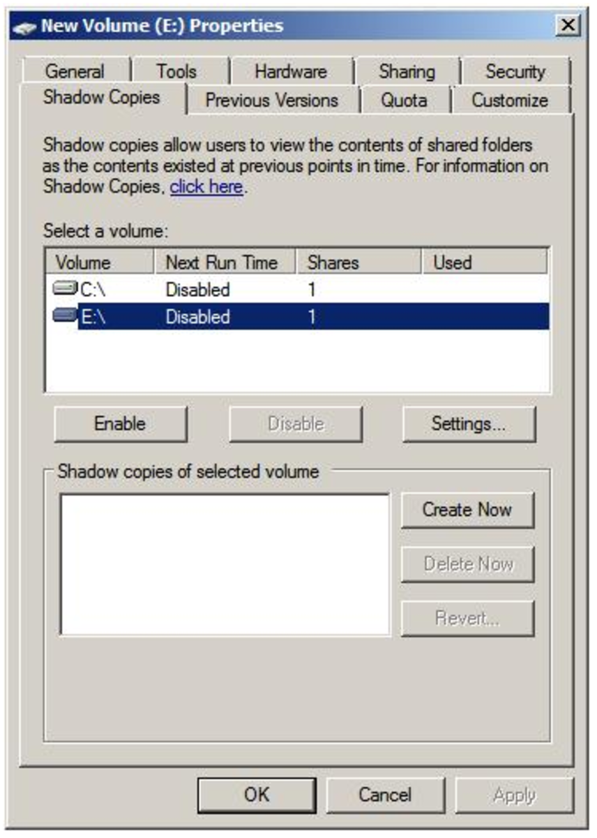 Shadow Copy tab showing default settings, before Shadow Copy is enabled.