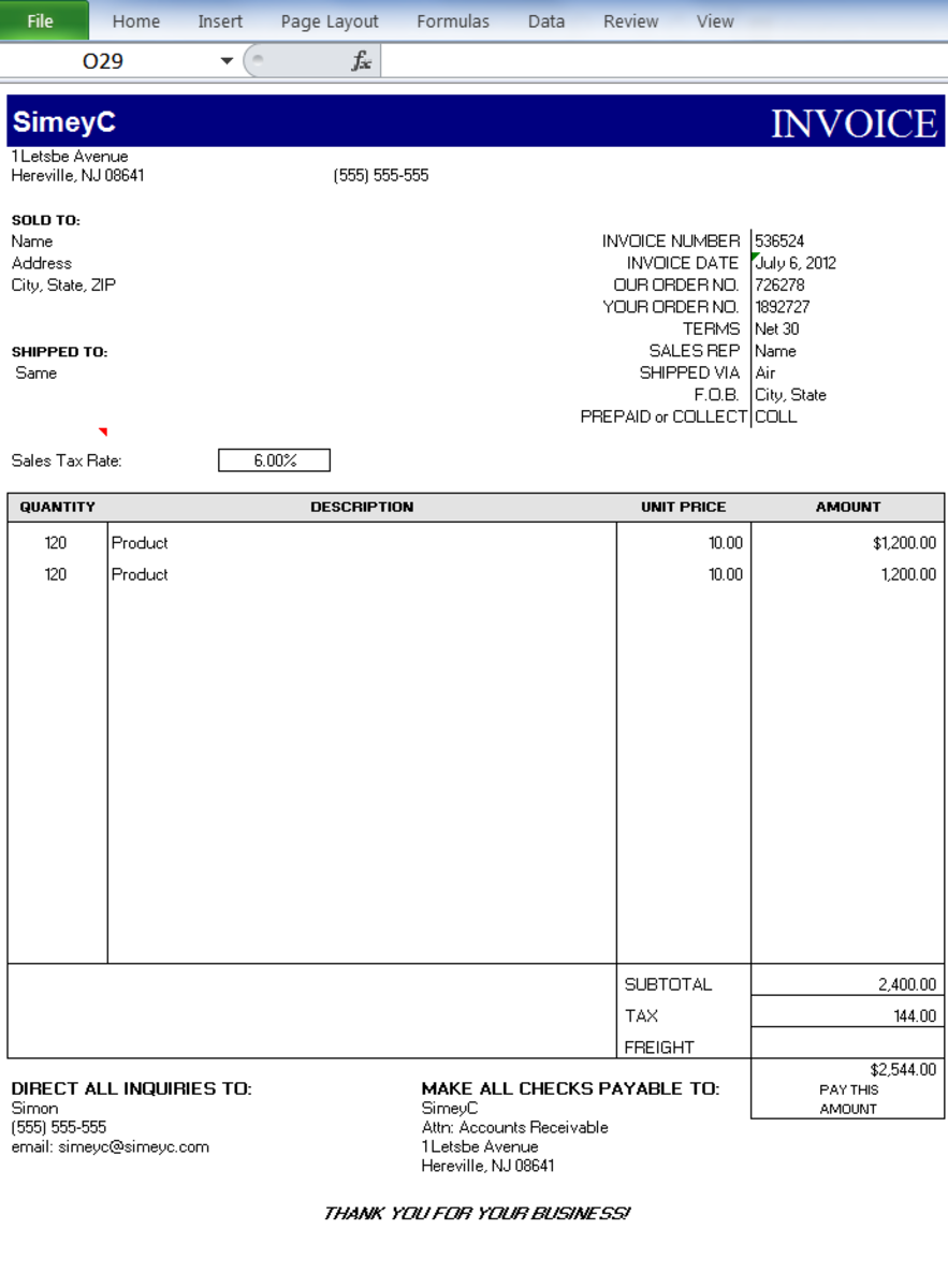 microsoft excell blue invoice template