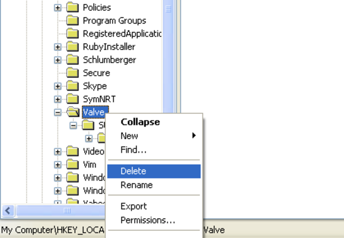 Deleting HKEY_LOCAL_MACHINE\SOFTWARE\Valve in a 32-bit operating system