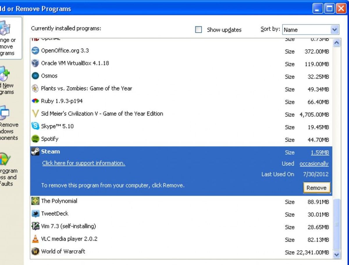 steam not showing up in add remove programs