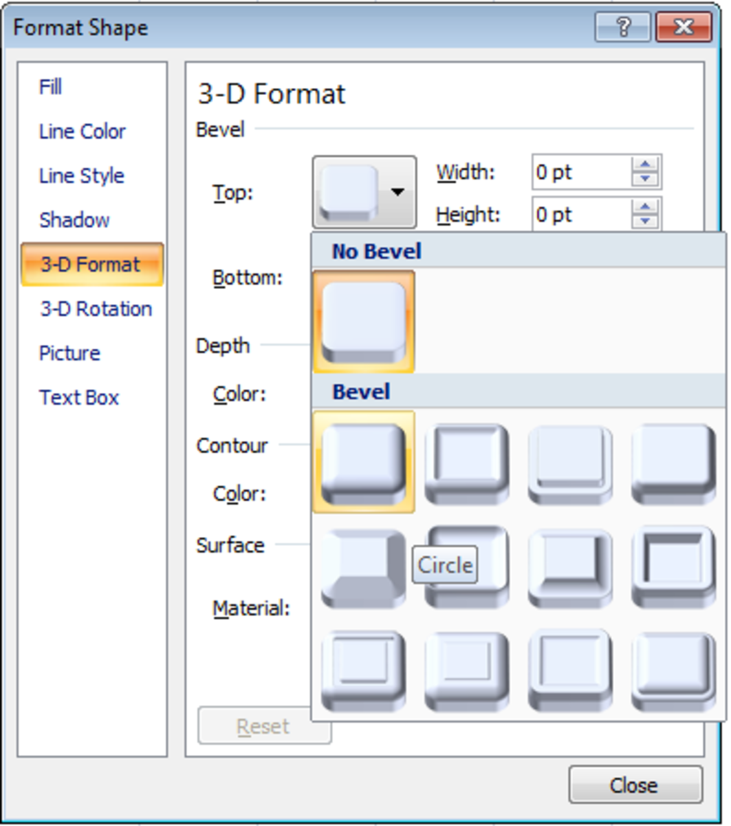 Add a 3-D effect (Bevel) to a rounded rectangle shape in Excel 2007.