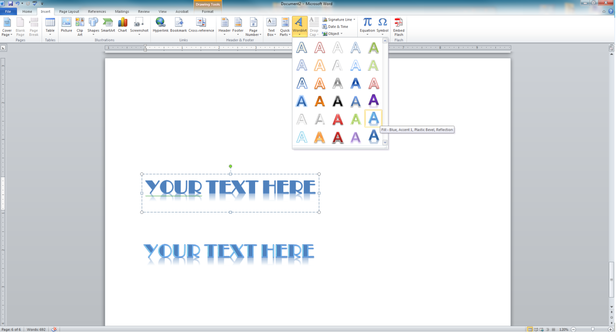 Word Art being inserted into a document. "Your Text Here" is the default text.