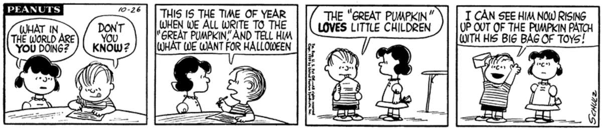 The first mention of the Great Pumpkin in the October 26th, 1959 installment of Peanuts.