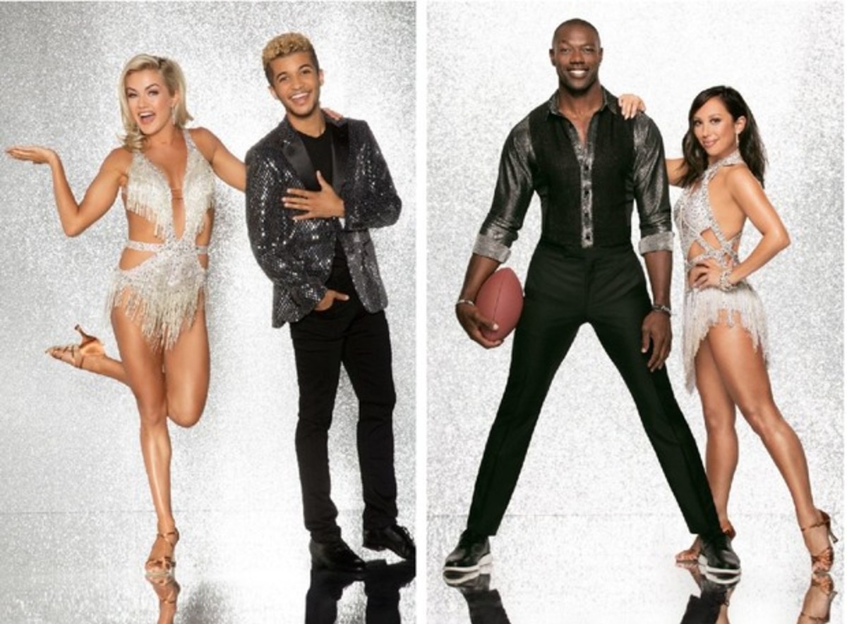 "Dancing with the Stars" Season 25 (2017). L–R: Lindsay Arnold (dancer), Jordan Fisher (celebrity), Terrell Owens (celebrity), Cheryl Burke (dancer).