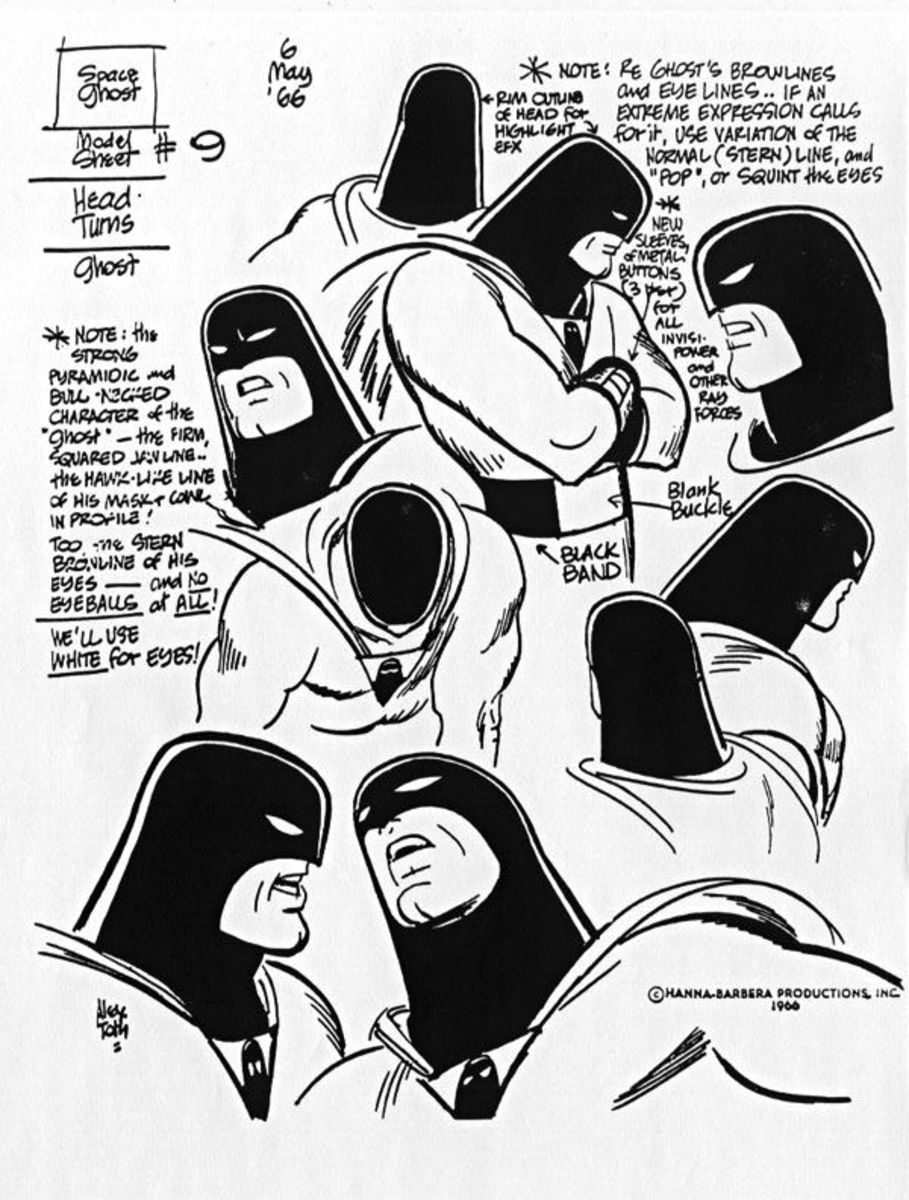 Model sheets for Space Ghost, drawn by Alex Toth.