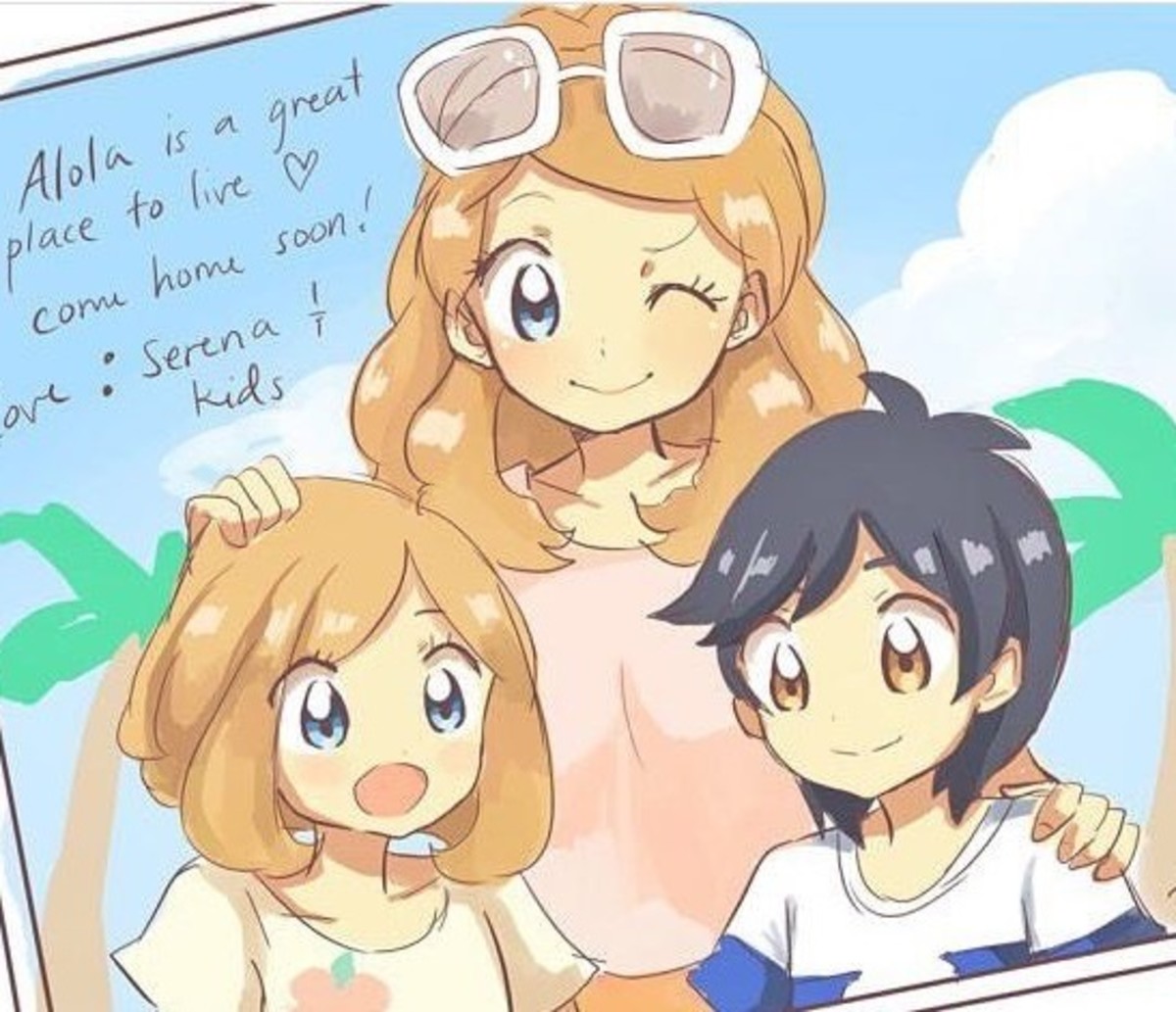 Fanart of Serena with her and Ash's children (the Alolan protagonists)