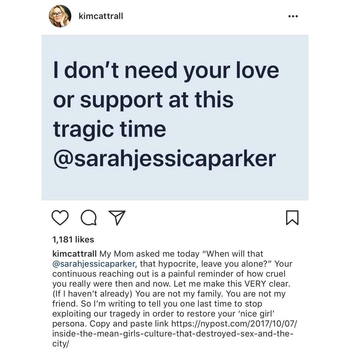 Kim Cattrall's Tweeted response to Sarah Jessica Parker's "love and support" after the death of Cattrall's brother.