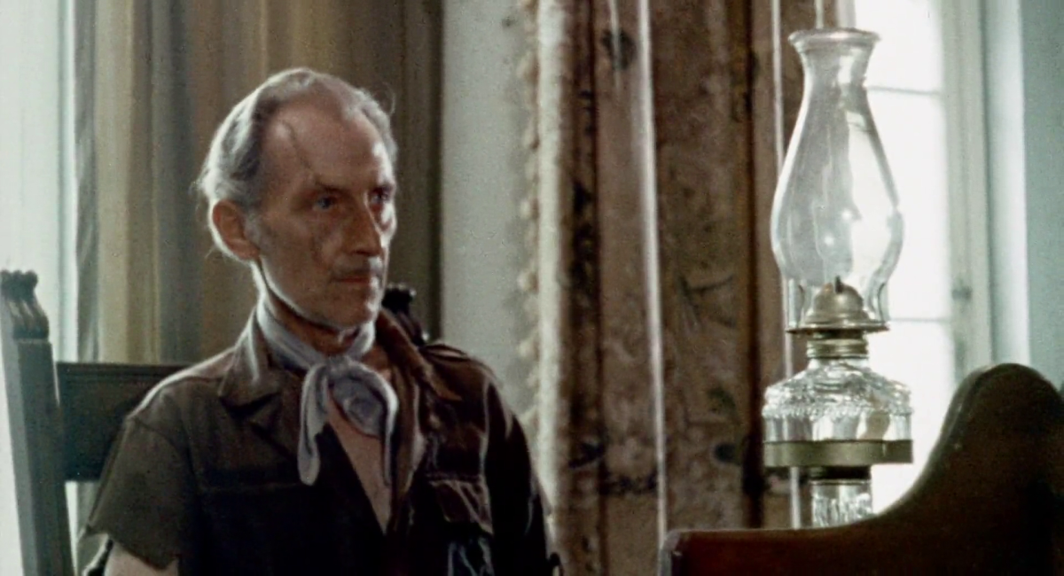 The group discovers an enigmatic German old man (Peter Cushing), with a horrible scar on his face, who has been living there for decades and their presence greatly disturbs him.