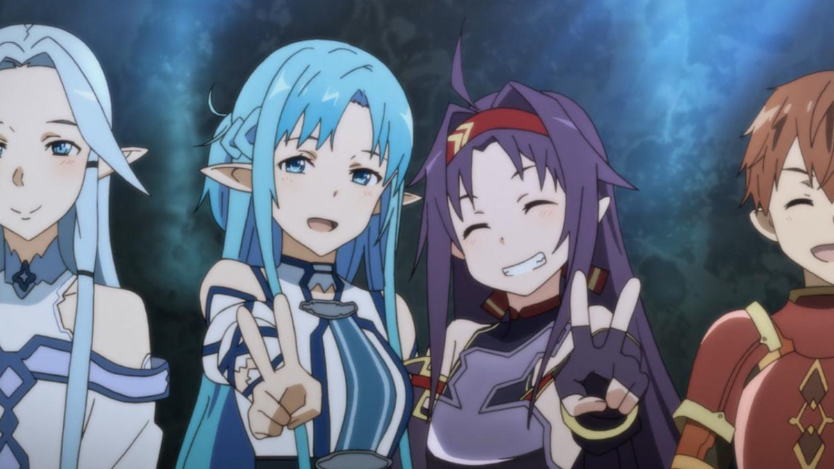 Asuna, her new friend Yuuki and the Sleeping Knights guild pose for a picture after achieving victory against a floor boss.