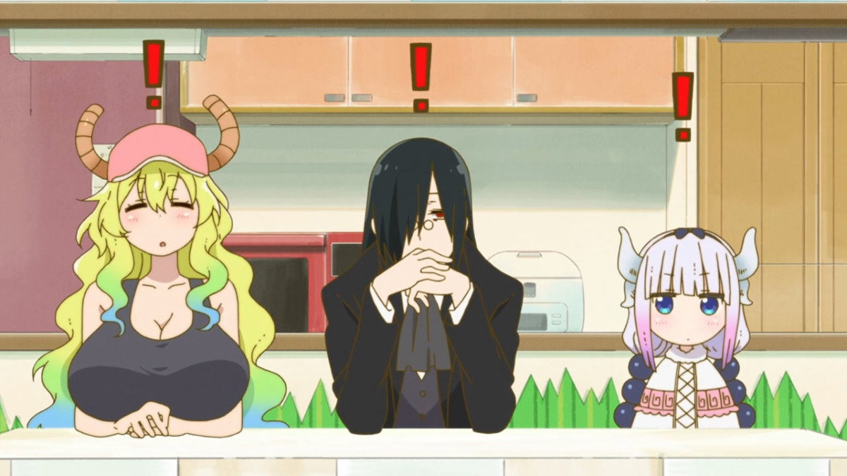 Lucoa, Fafnir and Kanna serve as judges for a friendly food competition between Kobayashi and Tohru.