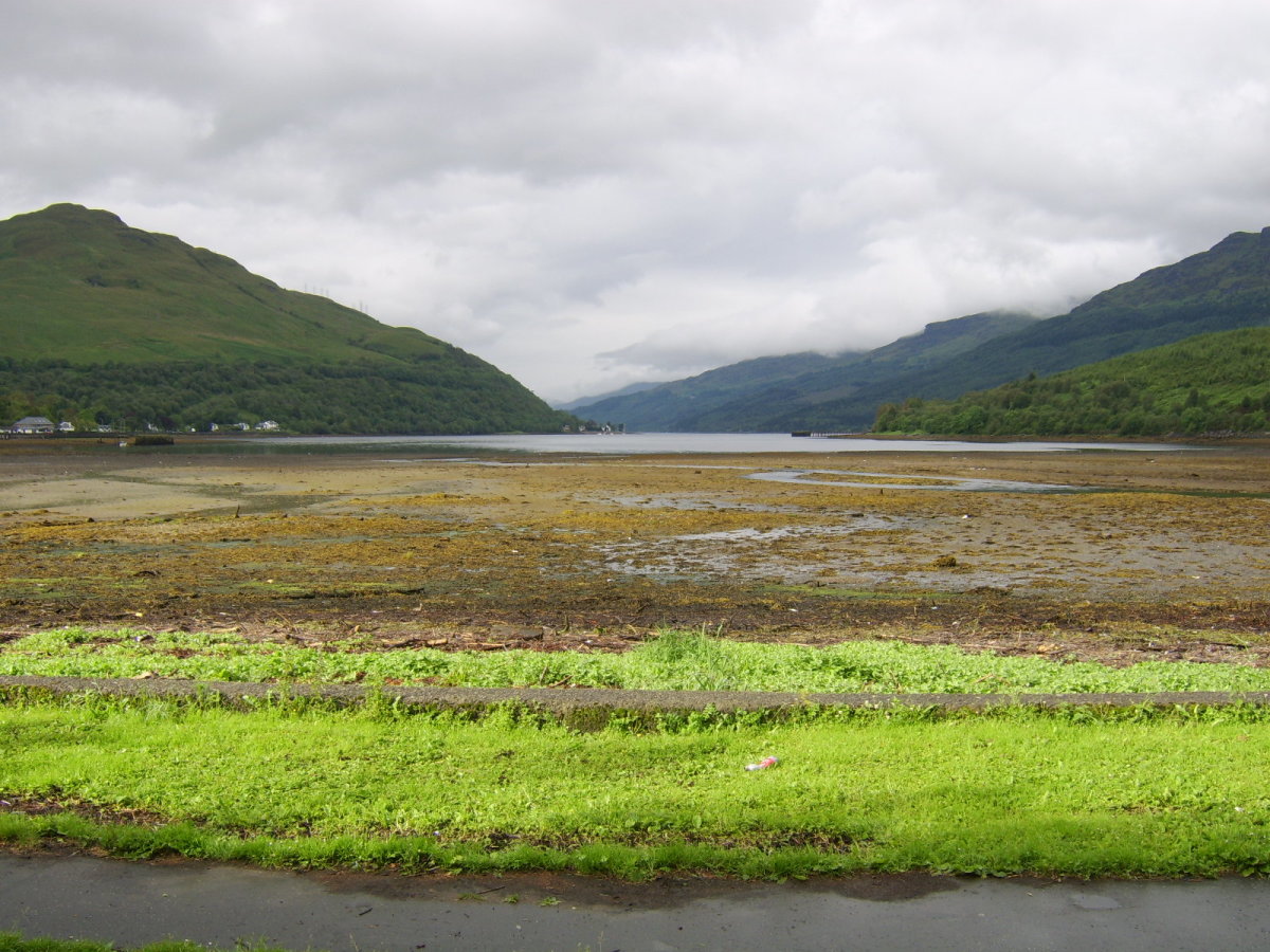 The head of Loch Long at low tide, looking West to where the road will soon veer North and the climb to the Rest and Be Thankful will begin