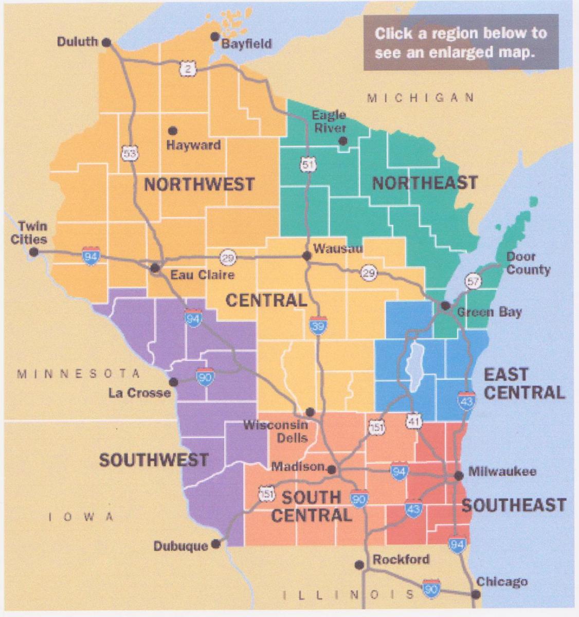 Highway and Regional Map of Wisconsin