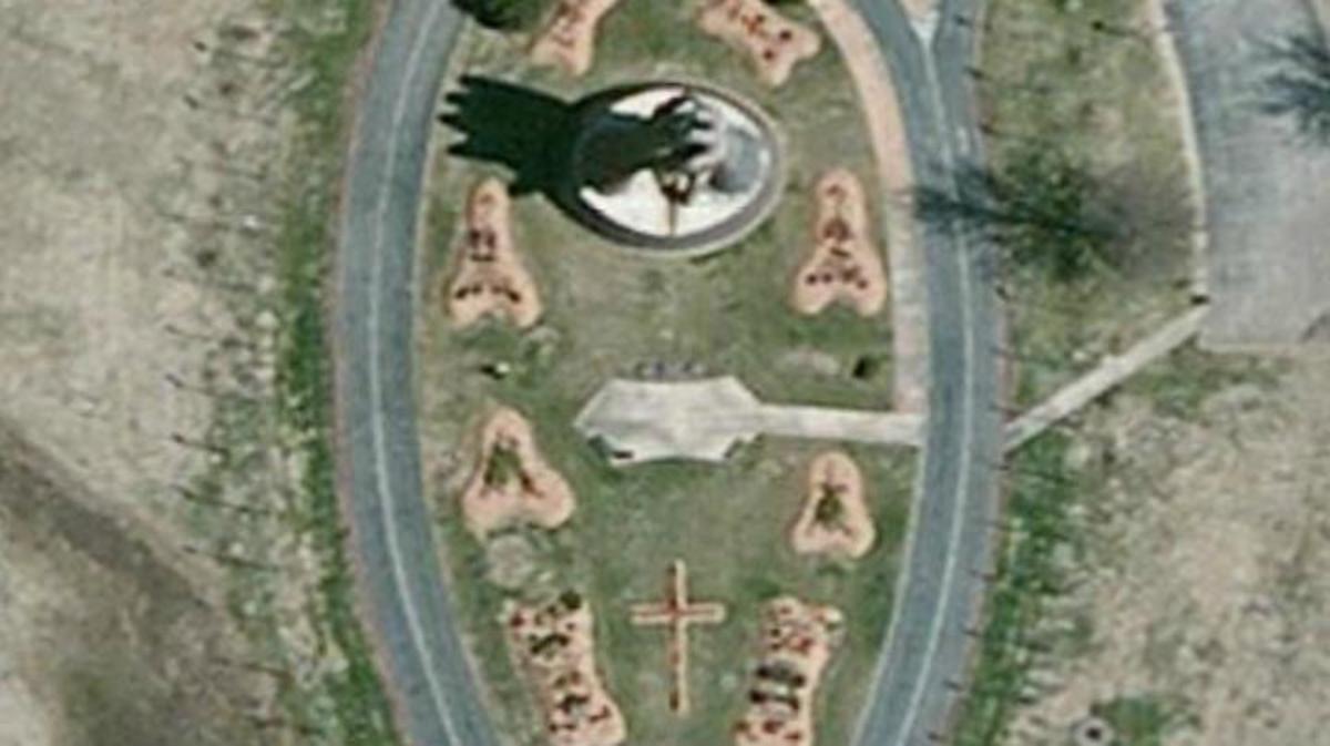 Aerial view of the praying hands at Oral Roberts University in Tulsa, Oklahoma. 