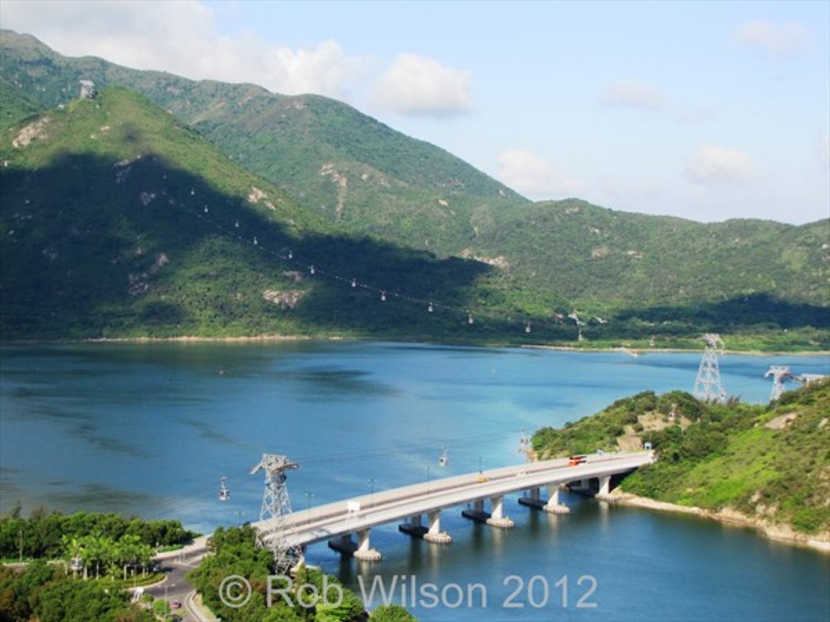 View of the Ngong Ping 360 cable car from Tung Chung, on Lantau Island, Hong Kong.