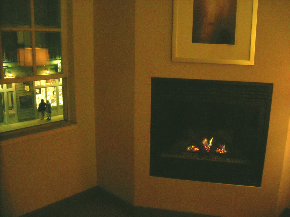 Room fireplace and window.