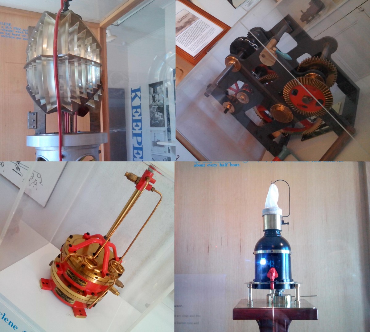 Top left - early lantern reflectors; top right - early clock mechanism; bottom left - acetylene flasher; bottom right - kerosene burner and vaporiser.