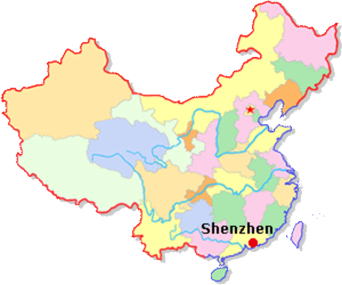 Map of China showing the location of Shenzhen