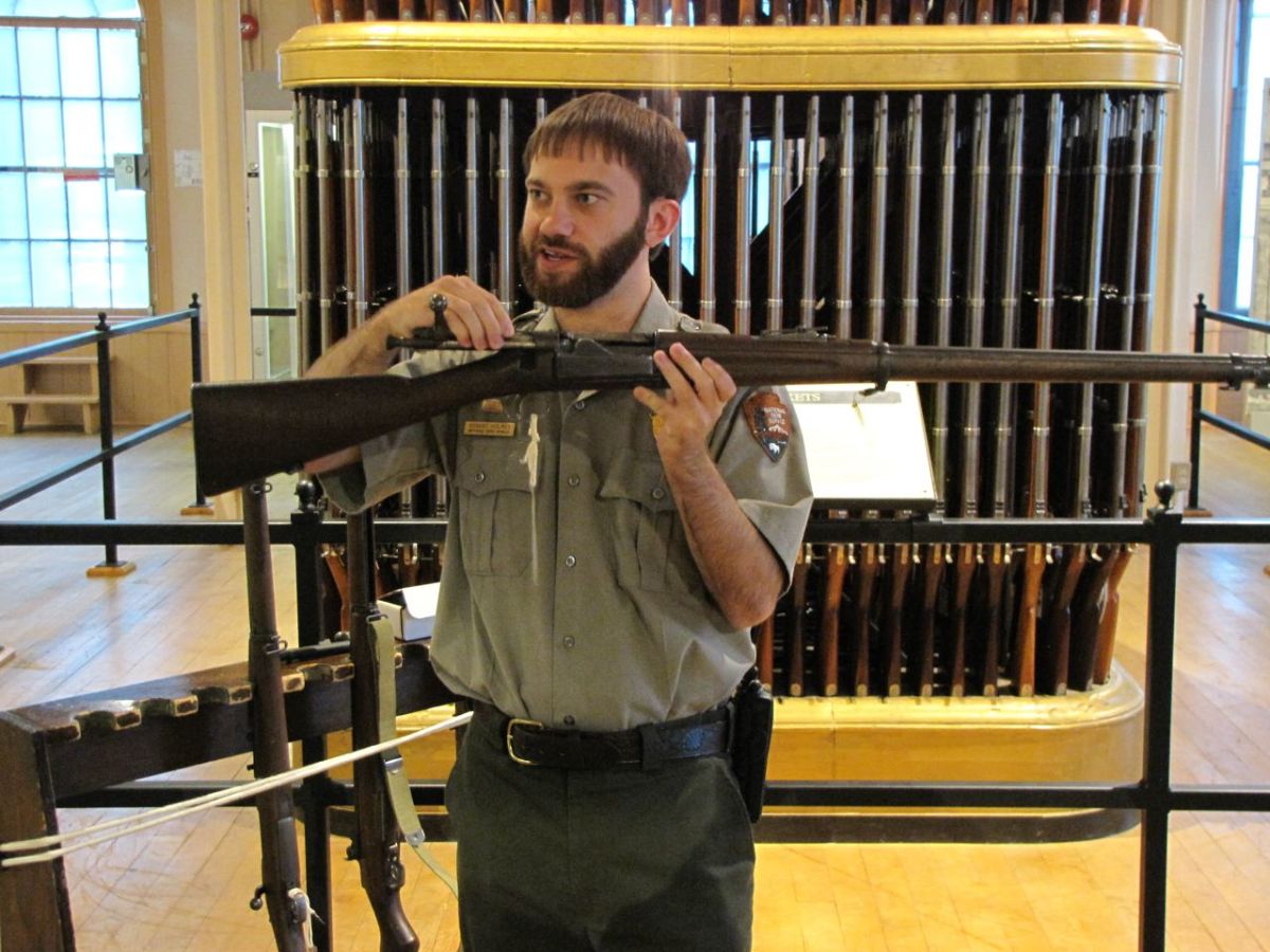 Ranger Robert Holmes explaining the Krag-Jorgenson rifle